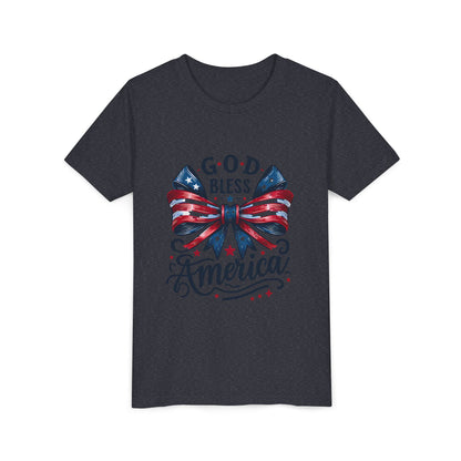 Youth Tee — "God Bless America" Patriotic Bow T-Shirt (4th of July, Memorial Day)