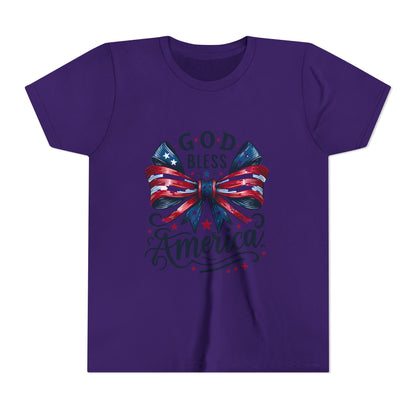 Youth Tee — "God Bless America" Patriotic Bow T-Shirt (4th of July, Memorial Day)