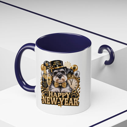 Happy New Year Dog Coffee Mug — Festive Black & Gold 11/15oz Accent Mug