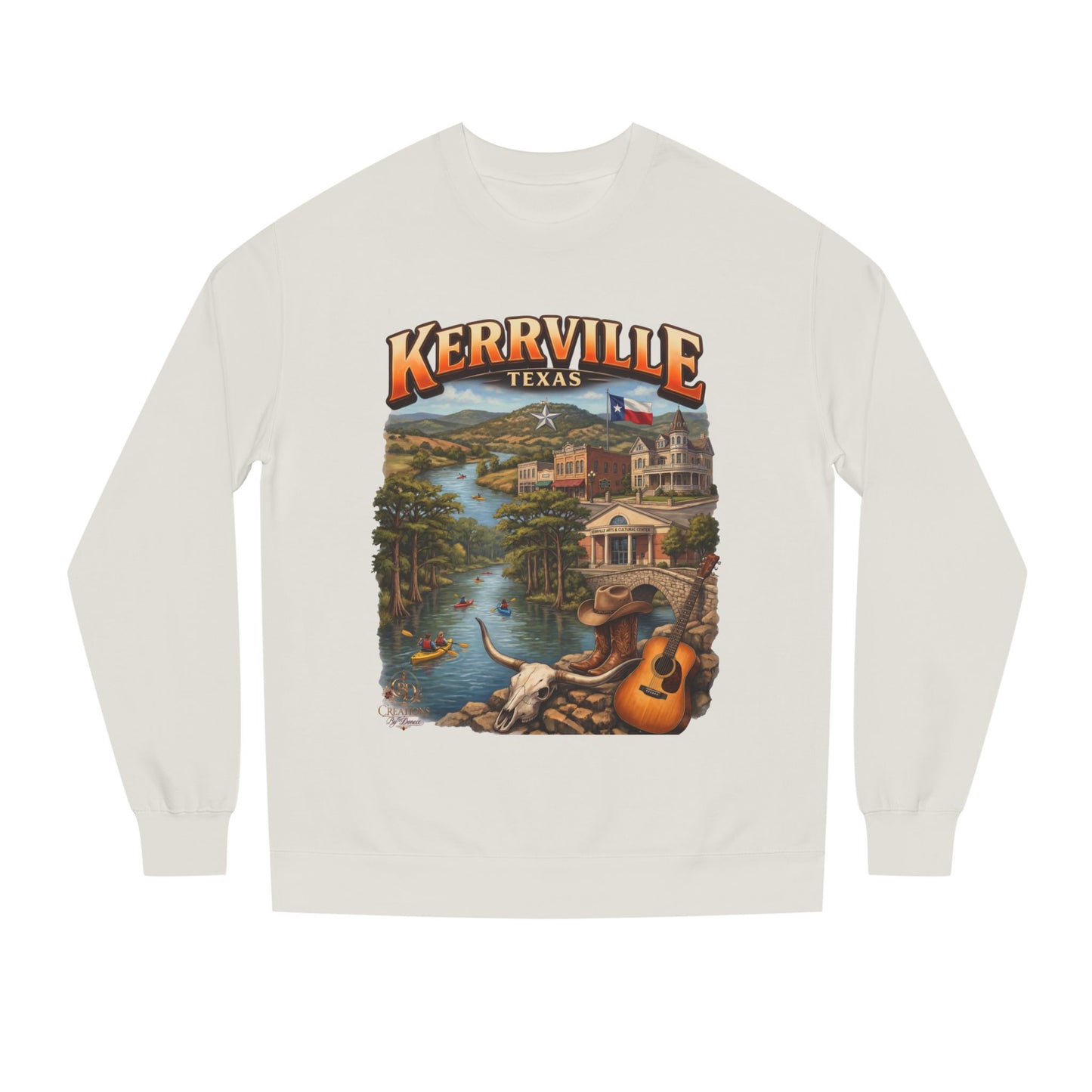 Kerrville Texas Scenic Crewneck Sweatshirt — Riverfront Guitar Vintage Design