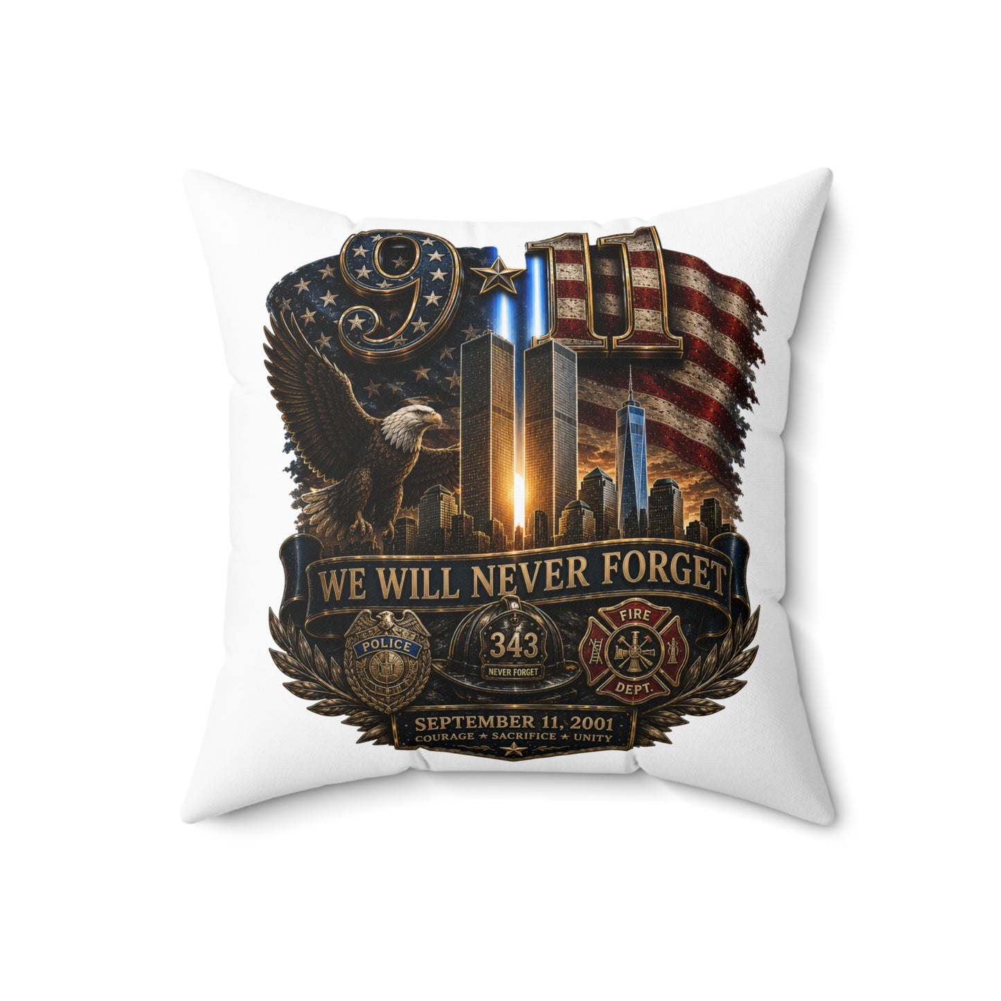 9/11 Memorial Square Pillow — "We Will Never Forget" Tribute