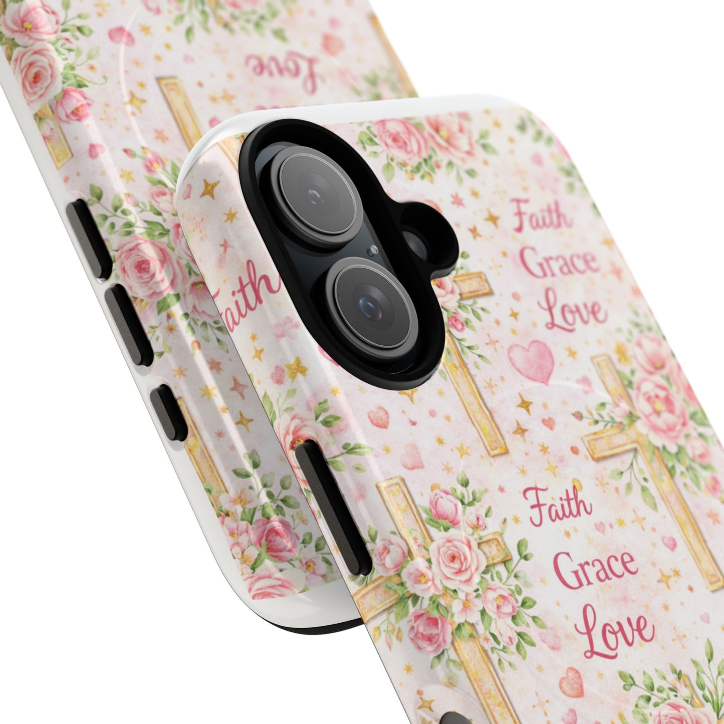 Christian Floral Cross Phone Case — "Faith Grace Love" Tough Magnetic Case