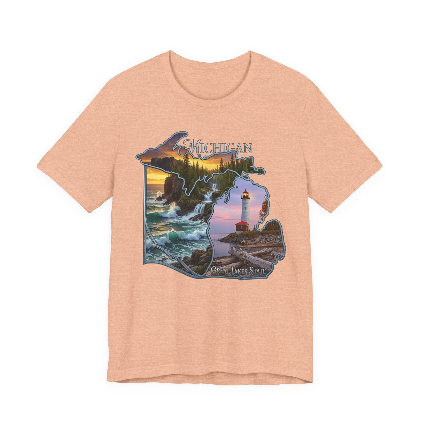Michigan Scenic Map T-Shirt — Great Lakes Lighthouse Sunset Tee