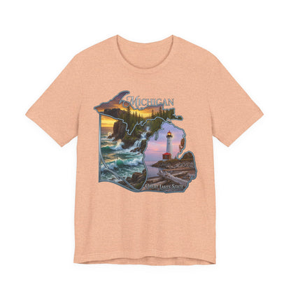 Michigan Scenic Map T-Shirt — Great Lakes Lighthouse Sunset Tee