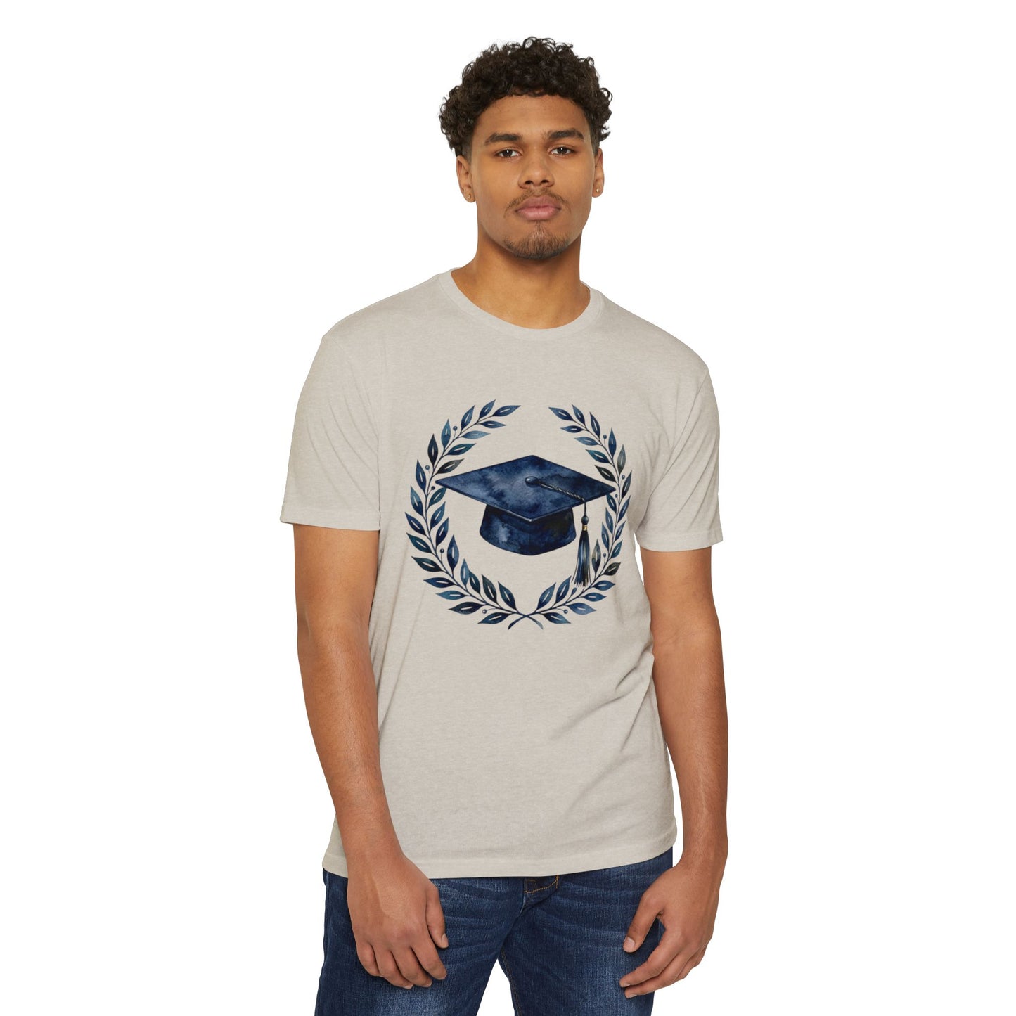 Graduation Cap Laurel T-Shirt — Navy Watercolor Grad Tee