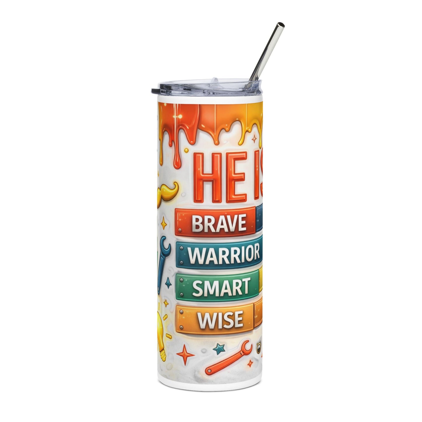 Inspirational Kids Tumbler — "He Is" Brave Warrior Smart Wise Stainless Steel 20oz