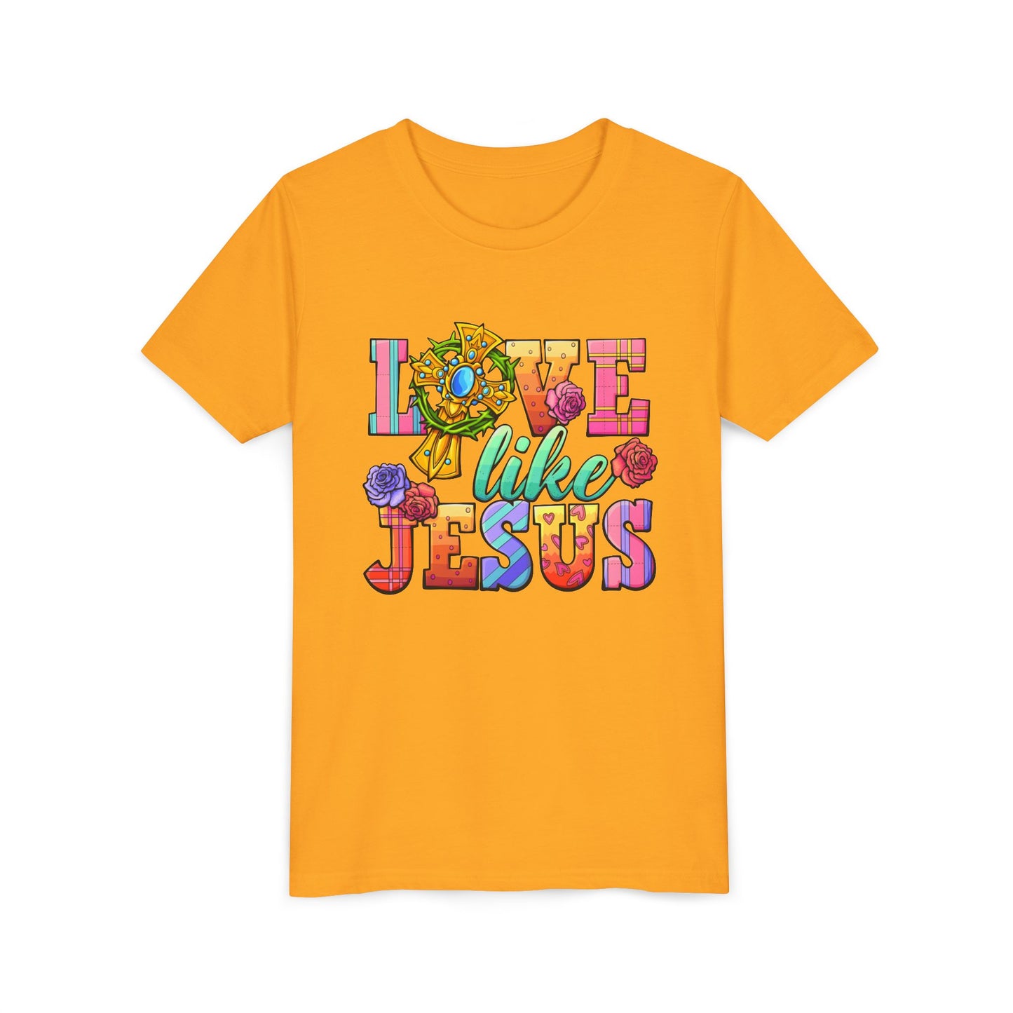 Youth Tee — "Love Like Jesus" Colorful Faith Graphic