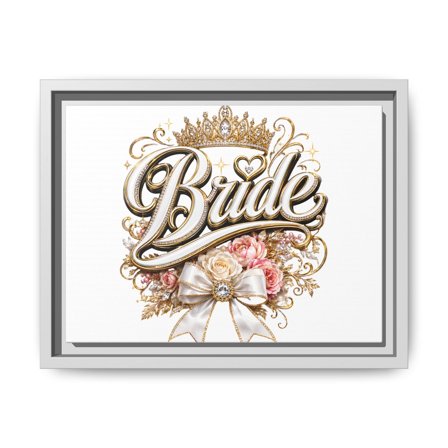 Framed Bride Canvas Wall Art — Elegant Bridal Crown & Floral Wedding Decor