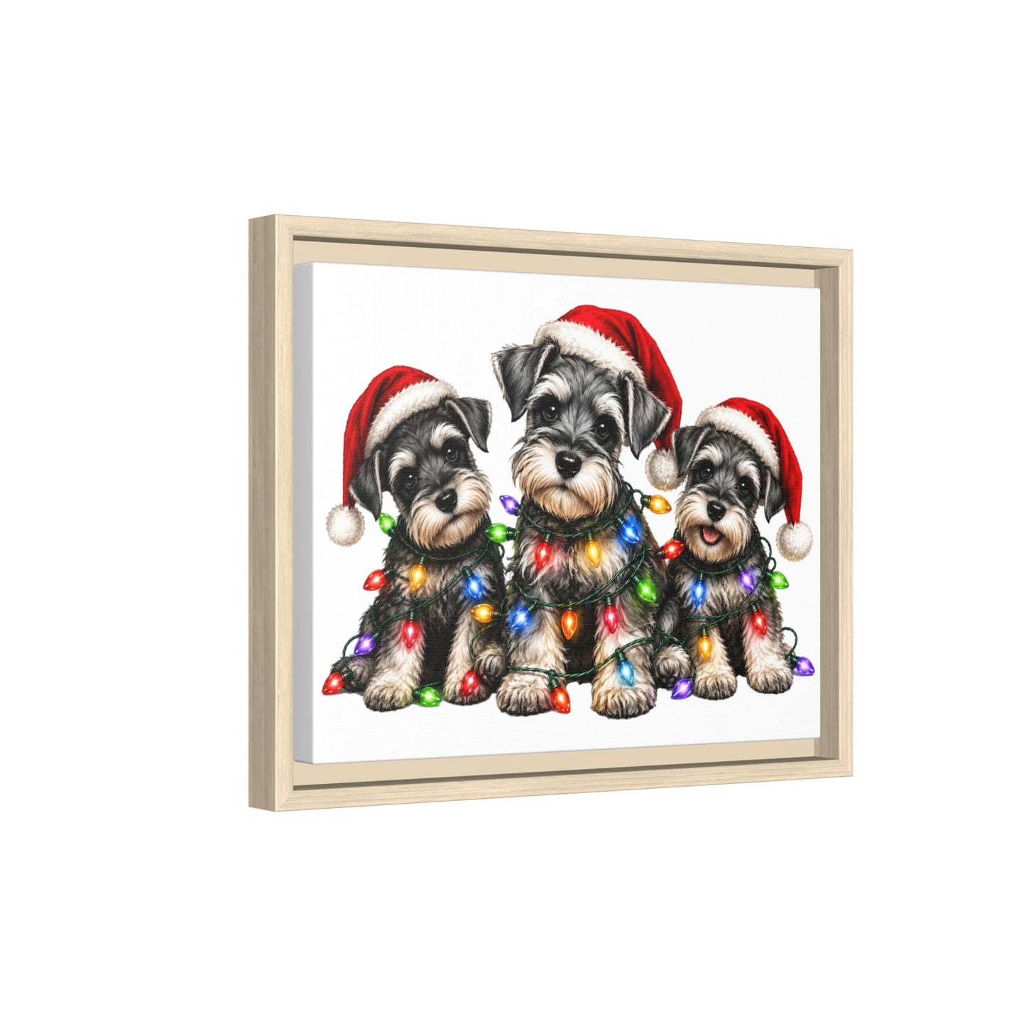 Christmas Schnauzer Canvas Print — Festive Puppies in Santa Hats (Matte Framed)
