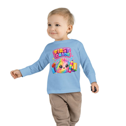 First Grade Toddler Long Sleeve Tee — Colorful Back-to-School Rainbow Crayon Design