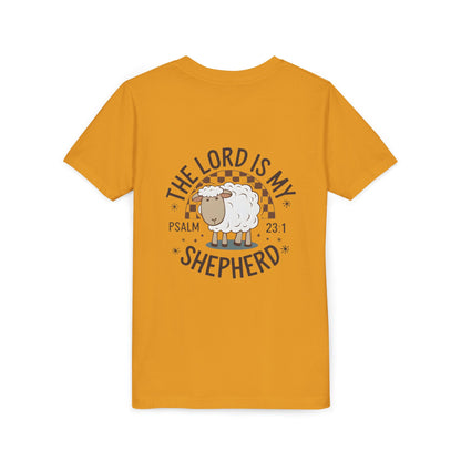 Youth Tee — "The Lord Is My Shepherd" Psalm 23:1 Christian Kids T‑Shirt (Sheep Design)