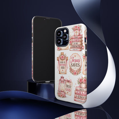 Christian Phone Case — Jesus Saves Floral Tough Case with 'God Is Within Her' & 'Trust God' Design