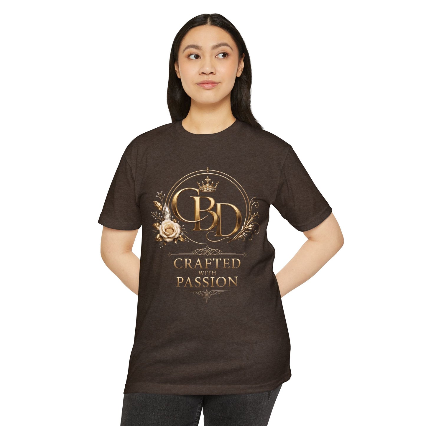 T-Shirt — CBD “Crafted with Passion” Gold Floral Crest