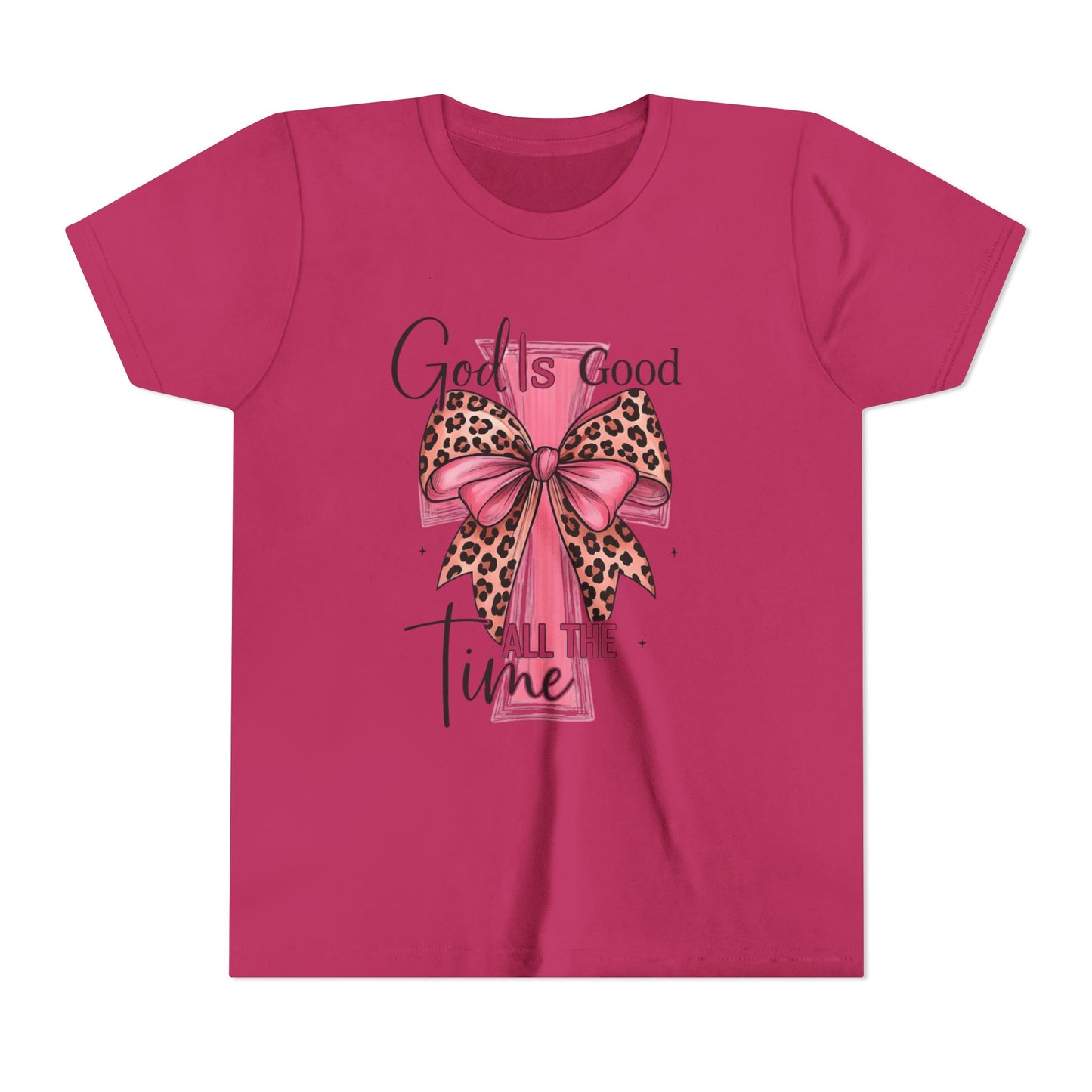Youth Tee — "God is Good All the Time" Pink Cross with Leopard Bow