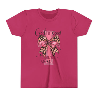 Youth Tee — "God is Good All the Time" Pink Cross with Leopard Bow