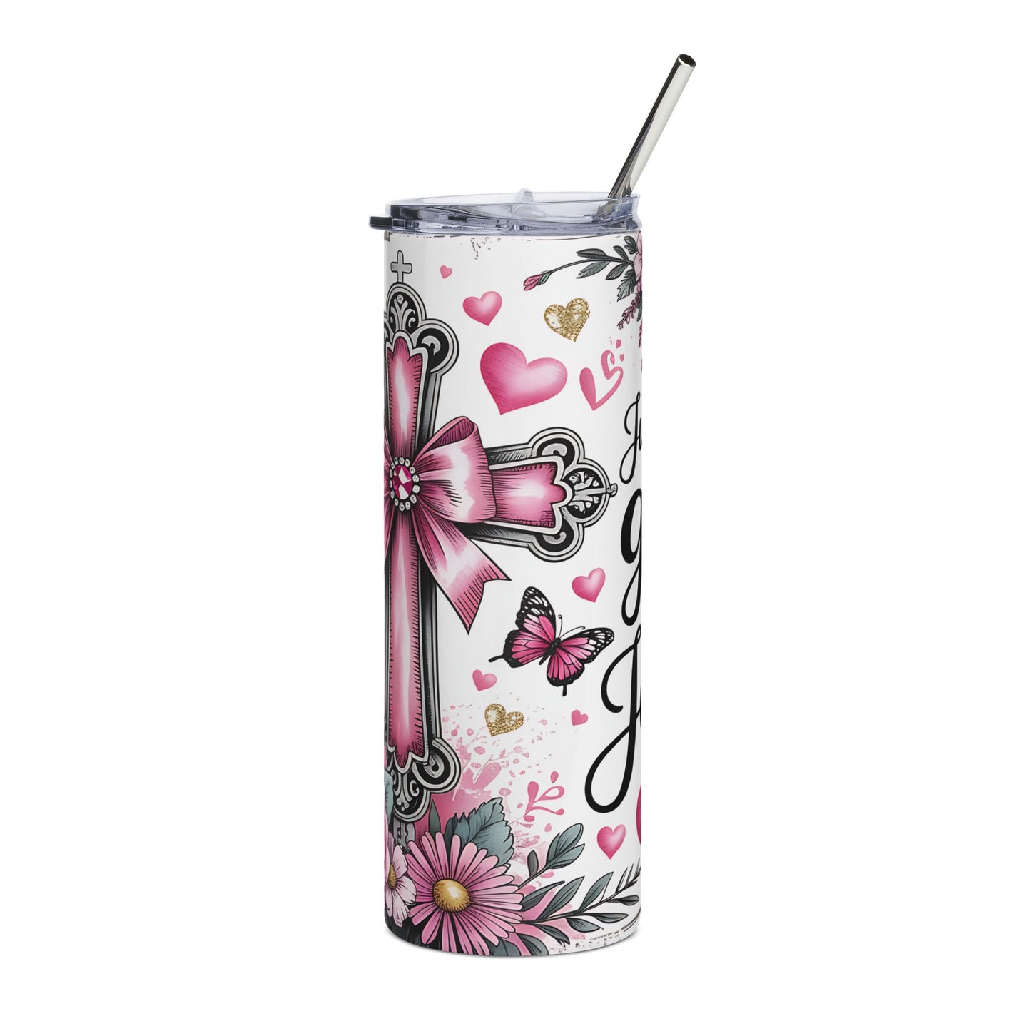 Who Loves Jesus Floral Cross Stainless Steel Tumbler 20oz Christian Travel Mug
