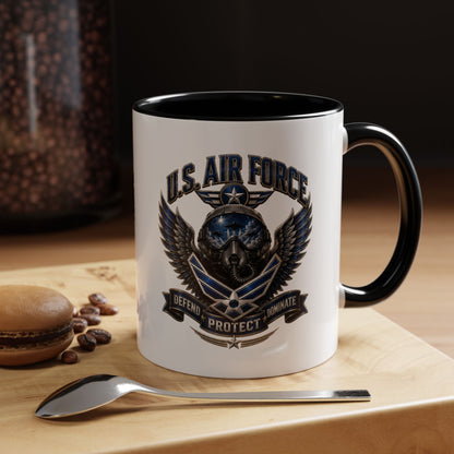 U.S. Air Force Emblem Accent Coffee Mug — Defend Protect Dominate (11/15oz)