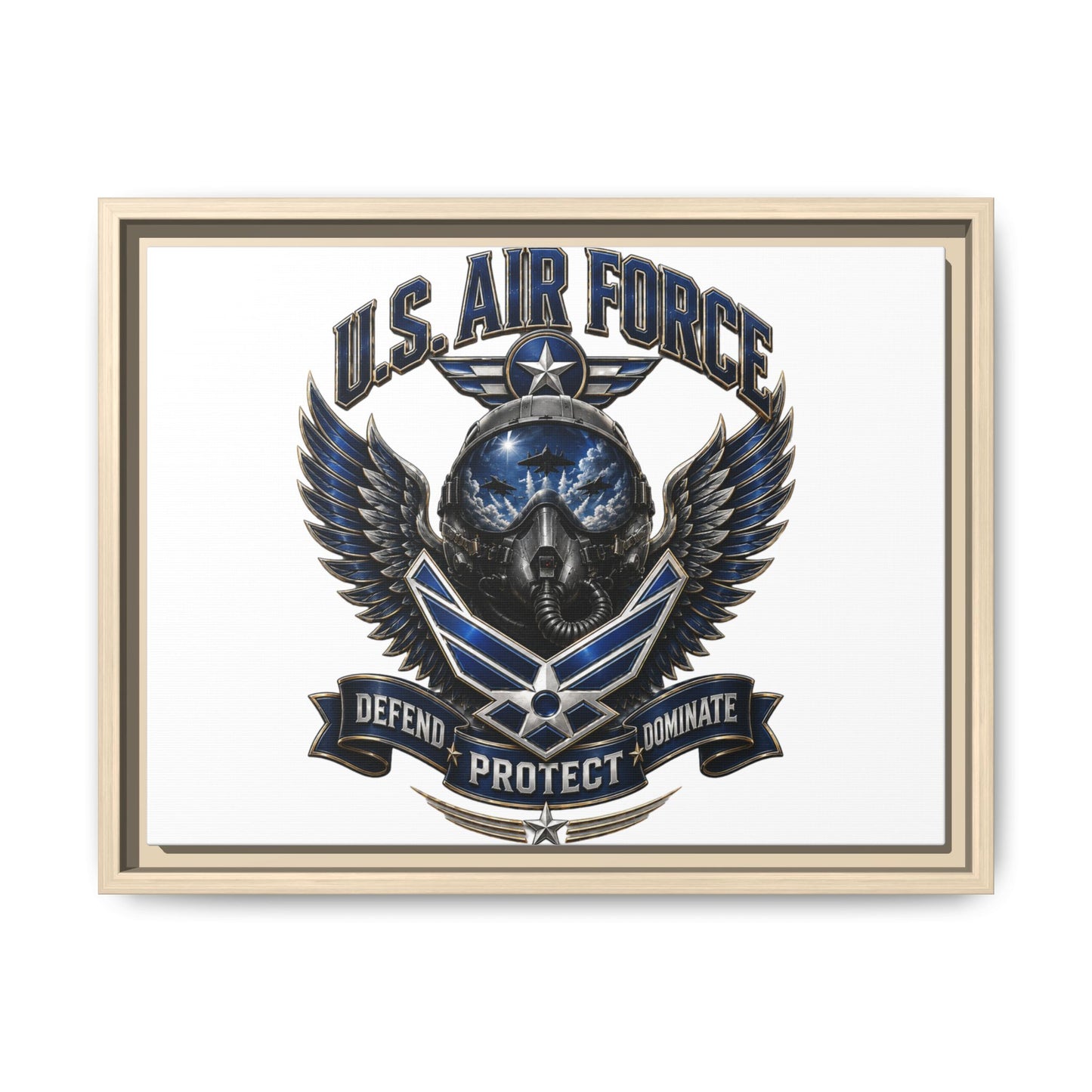 U.S. Air Force Emblem Framed Canvas Print – "Defend Protect Dominate" Military Wall Art