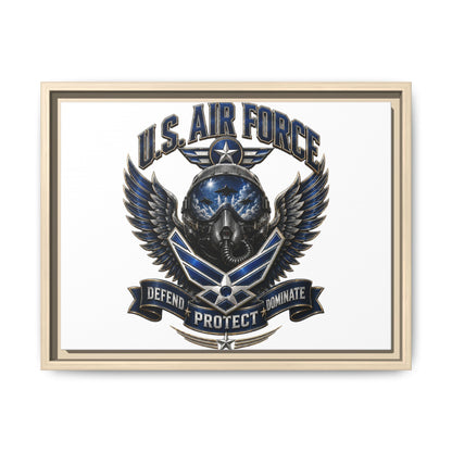 U.S. Air Force Emblem Framed Canvas Print – "Defend Protect Dominate" Military Wall Art