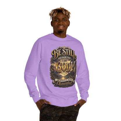 Religious Crewneck Sweatshirt — "Be Still and Know That I Am God" Peaceful Faith Design