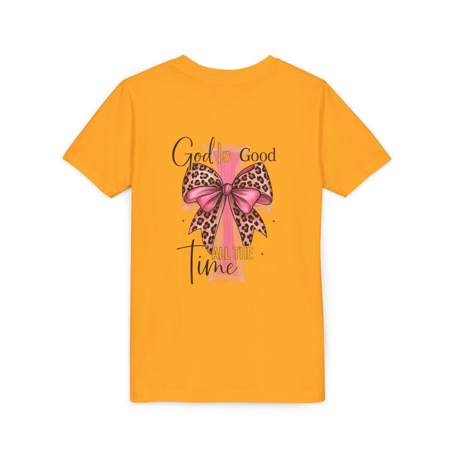 Youth Tee — "God is Good All the Time" Pink Cross with Leopard Bow