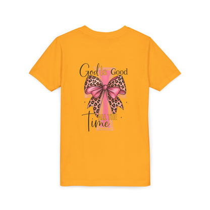 Youth Tee — "God is Good All the Time" Pink Cross with Leopard Bow