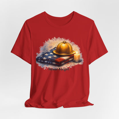 Never Forget Memorial T‑Shirt — Firefighter Helmet & Flag Tribute
