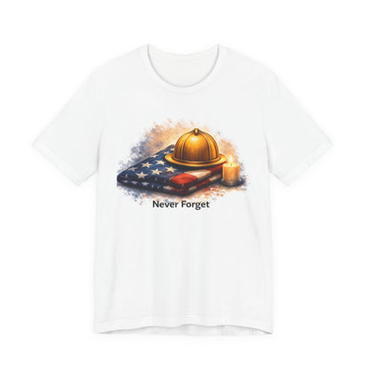 Never Forget Memorial T‑Shirt — Firefighter Helmet & Flag Tribute