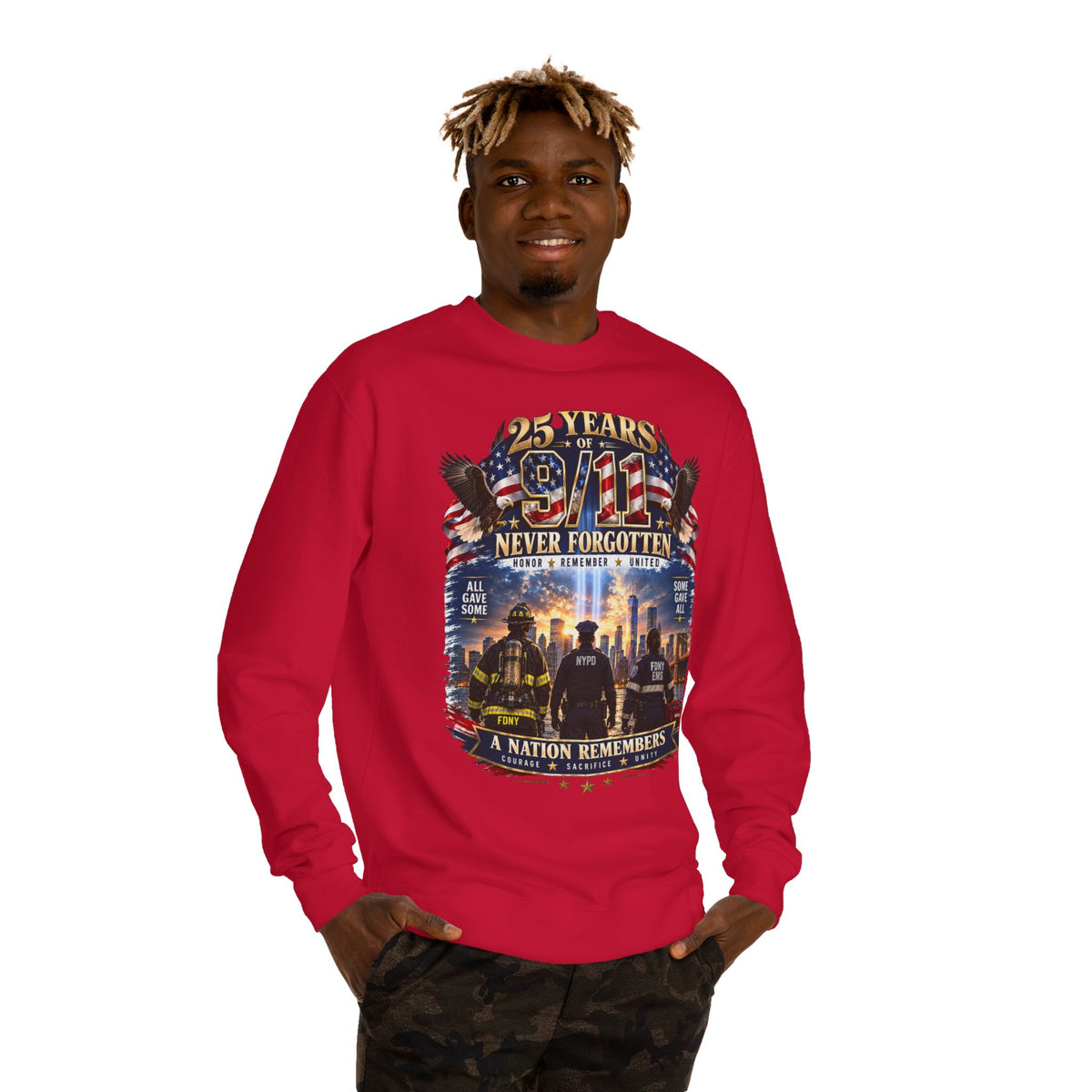 9/11 Never Forgotten Crewneck Sweatshirt — 25 Years Memorial Tribute