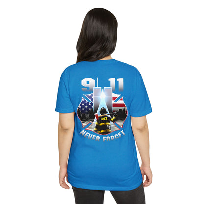 9/11 Never Forget T-Shirt — Firefighter Tribute Tee with Twin Towers & American Flag