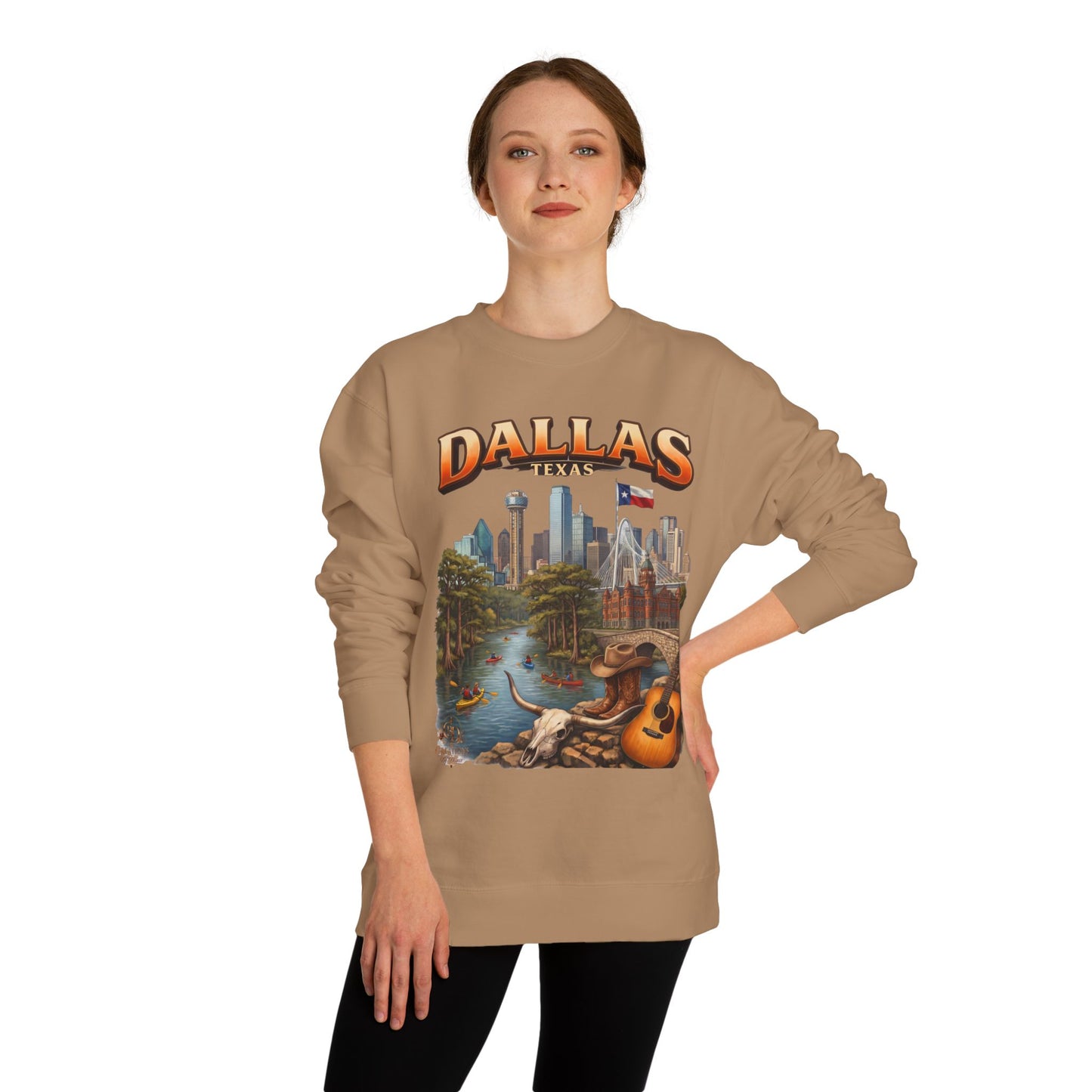 Dallas Skyline Crewneck Sweatshirt — Texas Cityscape & Acoustic Guitar Design