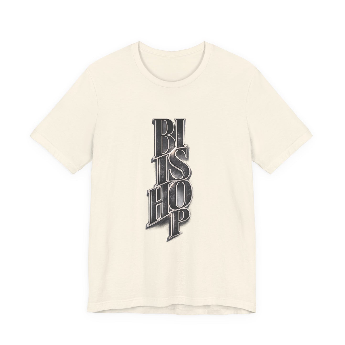Bishop Vertical Script Tee — Vintage Gothic Lettering T-Shirt