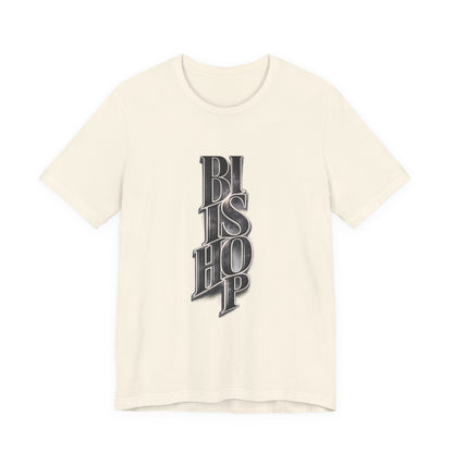 Bishop Vertical Script Tee — Vintage Gothic Lettering T-Shirt