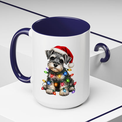 Christmas Puppy Coffee Mug — Schnauzer in Santa Hat with Holiday Lights (11/15oz)