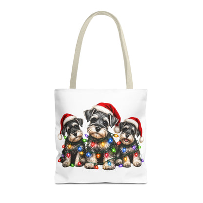 Christmas Schnauzer Tote Bag — Cute Puppies in Santa Hats & Holiday Lights
