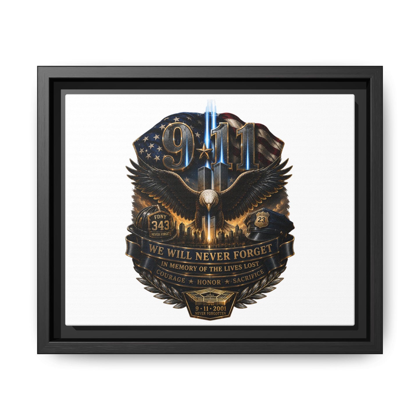 9/11 We Will Never Forget Matte Framed Canvas - Memorial Tribute Wall Art