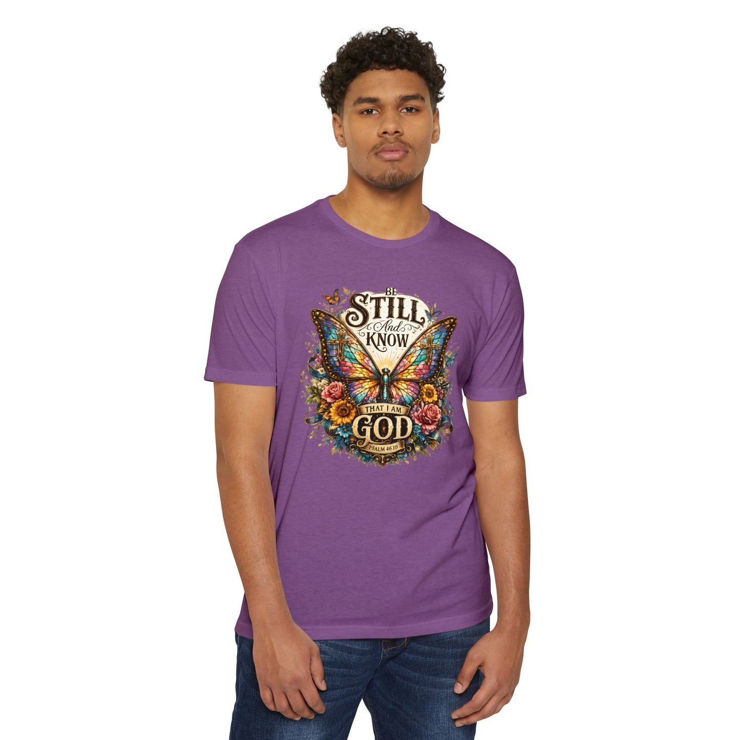 Christian Butterfly T-Shirt — "Be Still and Know That I Am God" Inspirational Tee