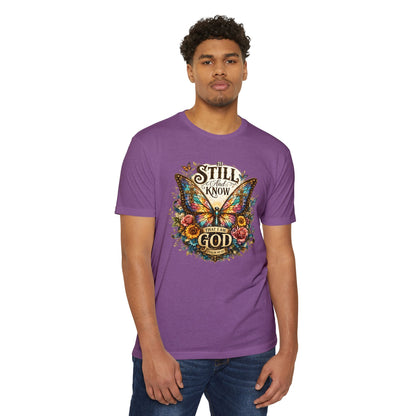 Christian Butterfly T-Shirt — "Be Still and Know That I Am God" Inspirational Tee