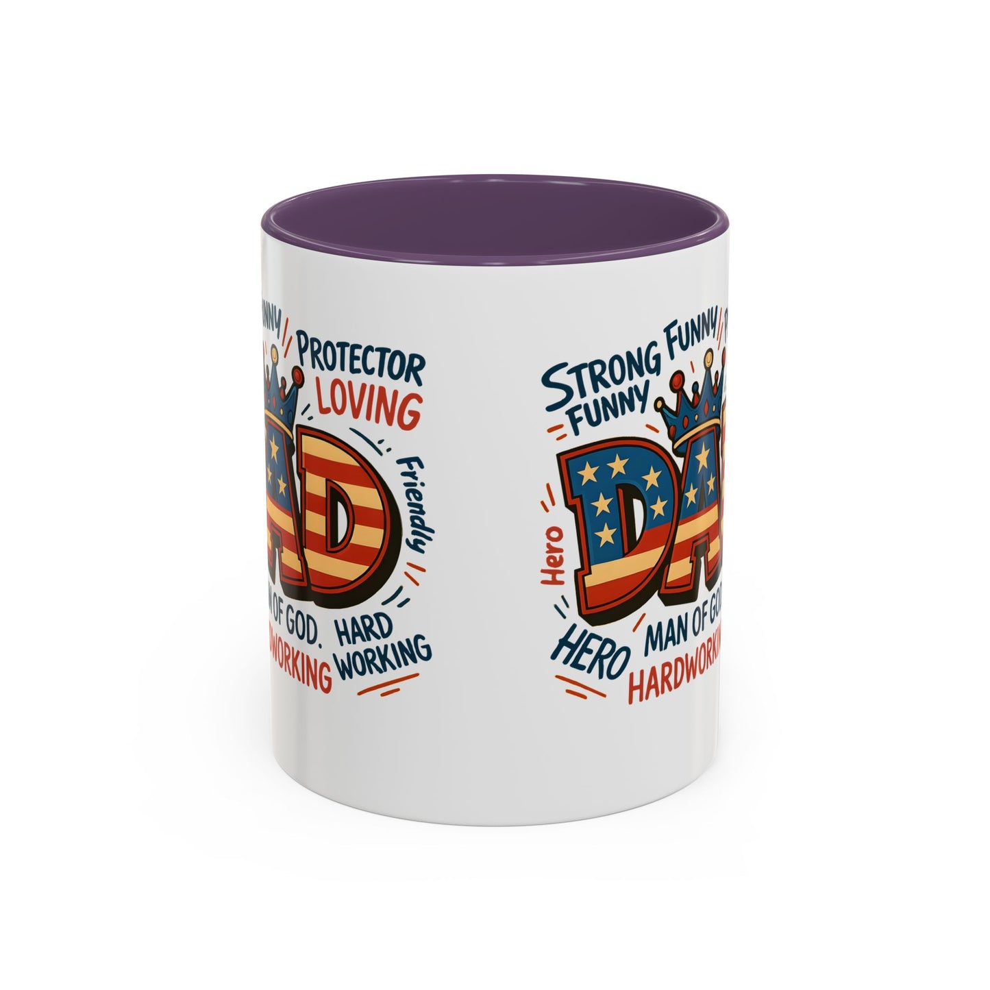 Dad Coffee Mug — Patriotic "DAD" Design with Loving, Hardworking, Protector Keywords (11/15oz Accent Mug)