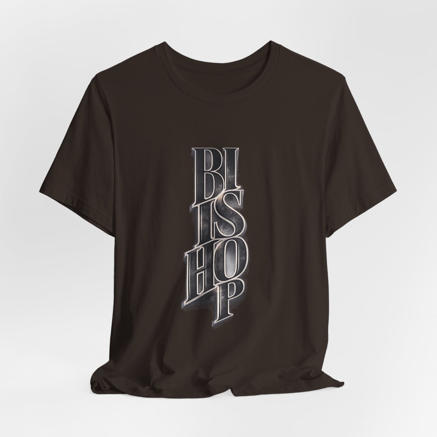 Bishop Vertical Script Tee — Vintage Gothic Lettering T-Shirt