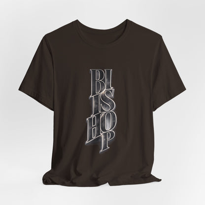 Bishop Vertical Script Tee — Vintage Gothic Lettering T-Shirt