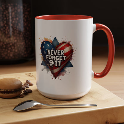 Never Forget 9/11 Heart Accent Coffee Mug – Patriotic Memorial 11/15oz