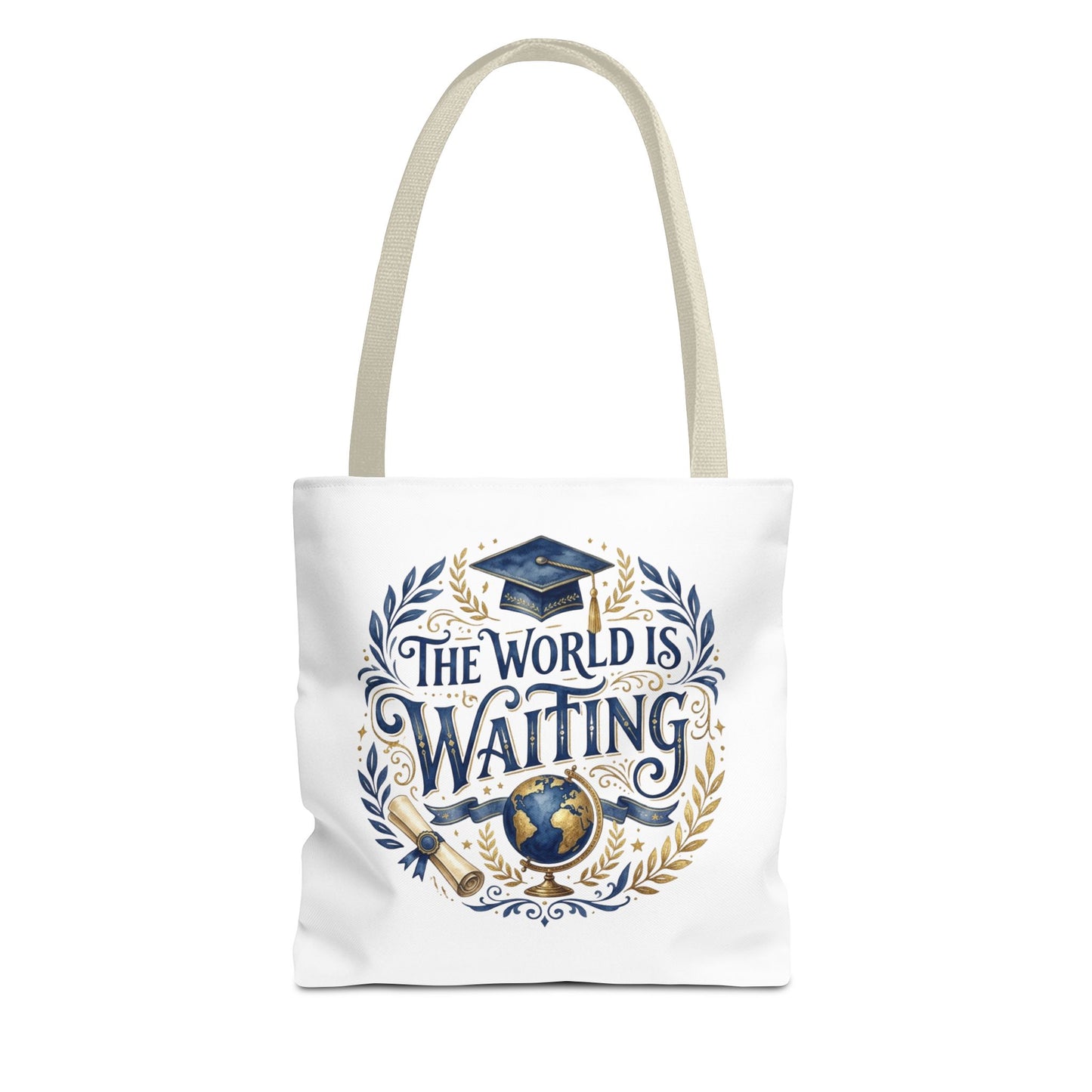 Graduation Tote Bag – "The World Is Waiting" Cap & Globe Design