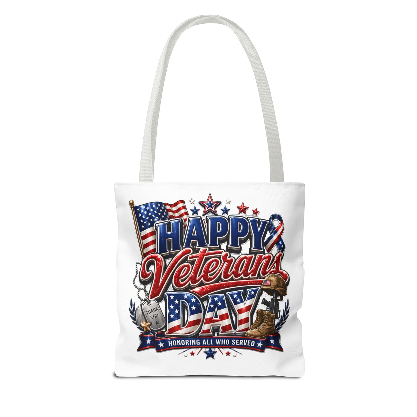 Veterans Day Tote Bag — "Happy Veterans Day" Patriotic All-Over Print