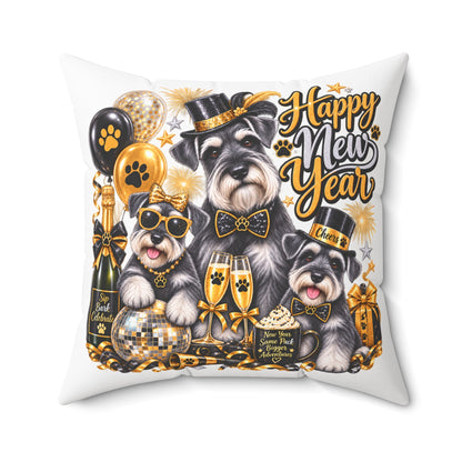 Happy New Year Schnauzer Pillow — Festive Gold Party Decorative Throw Pillow