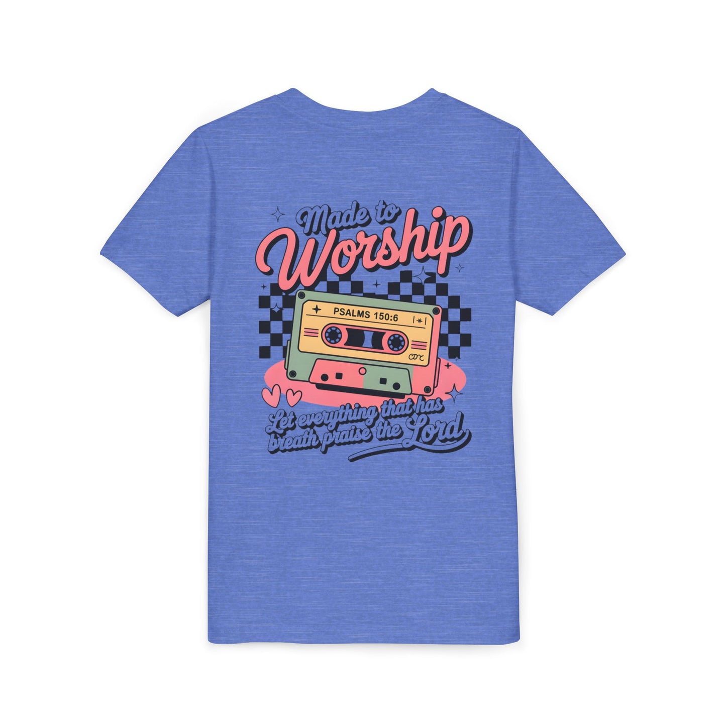 Made to Worship Youth Tee – Retro Cassette Christian Kids Shirt (Psalms 100:4)