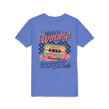Made to Worship Youth Tee – Retro Cassette Christian Kids Shirt (Psalms 100:4)