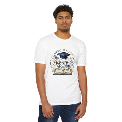Graduation T-Shirt — "The Adventure Begins" Cap & Book Design