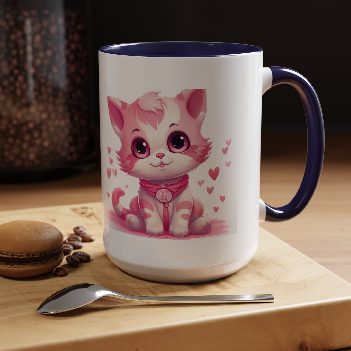 Pink Cute Kitten Coffee Mug — Cute Cat Accent Mug with Hearts (11/15oz)