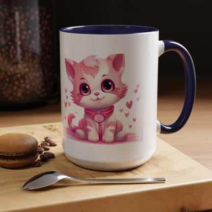 Pink Cute Kitten Coffee Mug — Cute Cat Accent Mug with Hearts (11/15oz)